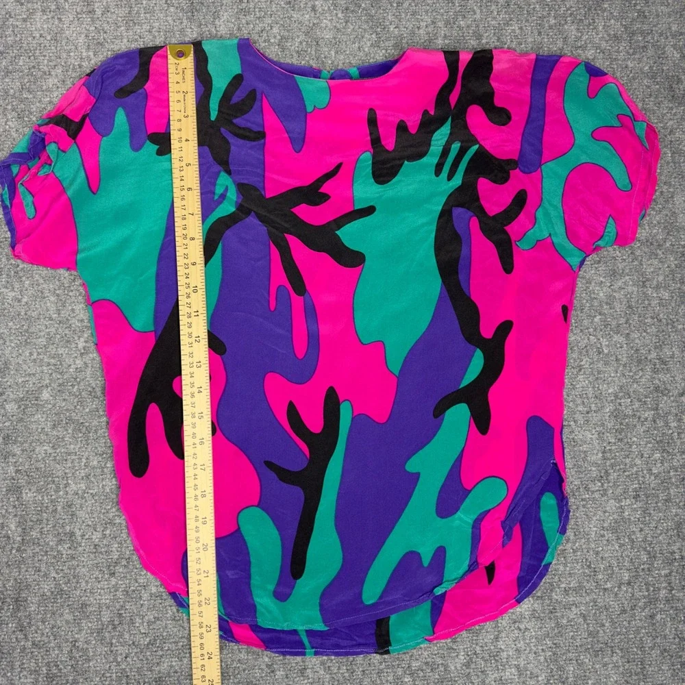 Vintage Flora Kung Shirt Womens 12 Pink Purple Silk Abstract‎ Bold Artsy 80s 90s